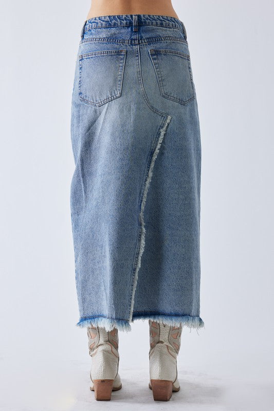 Midi Front High Split Denim Skirt