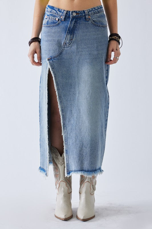 Midi Front High Split Denim Skirt