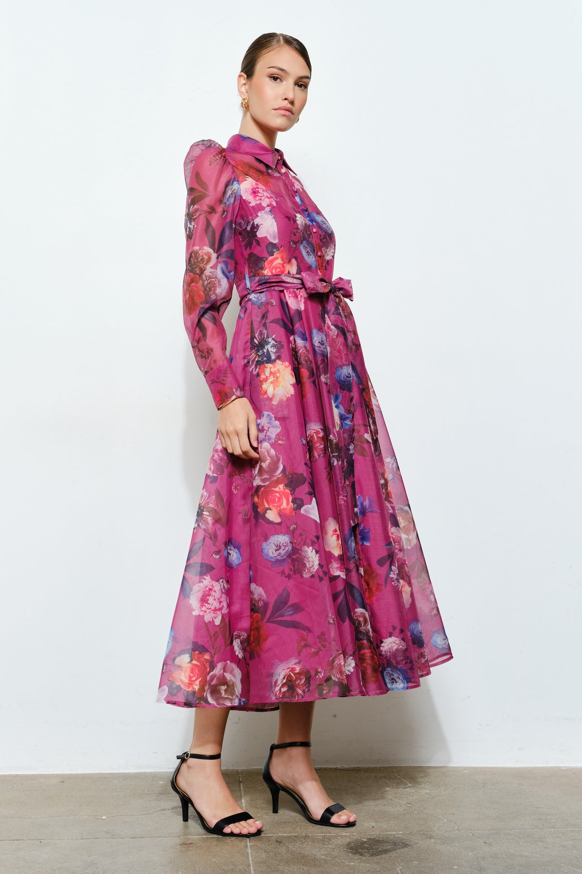 Floral Printed Burgundy Midi Dress