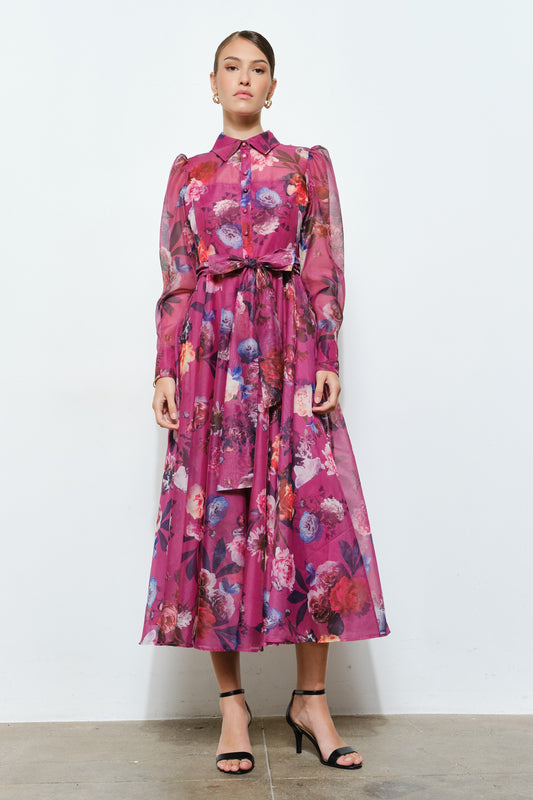 Floral Printed Burgundy Midi Dress