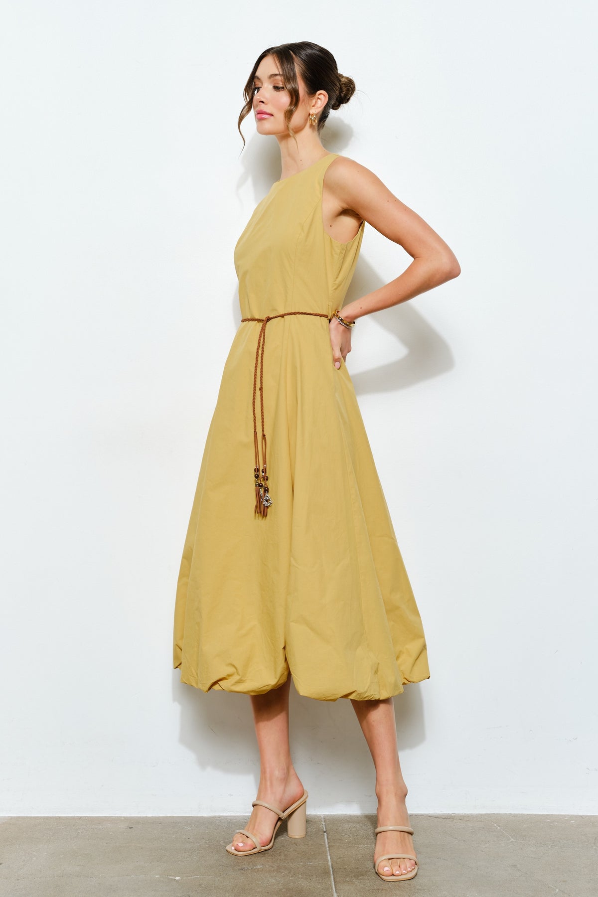 Ballon Hem Midi Belted Dress