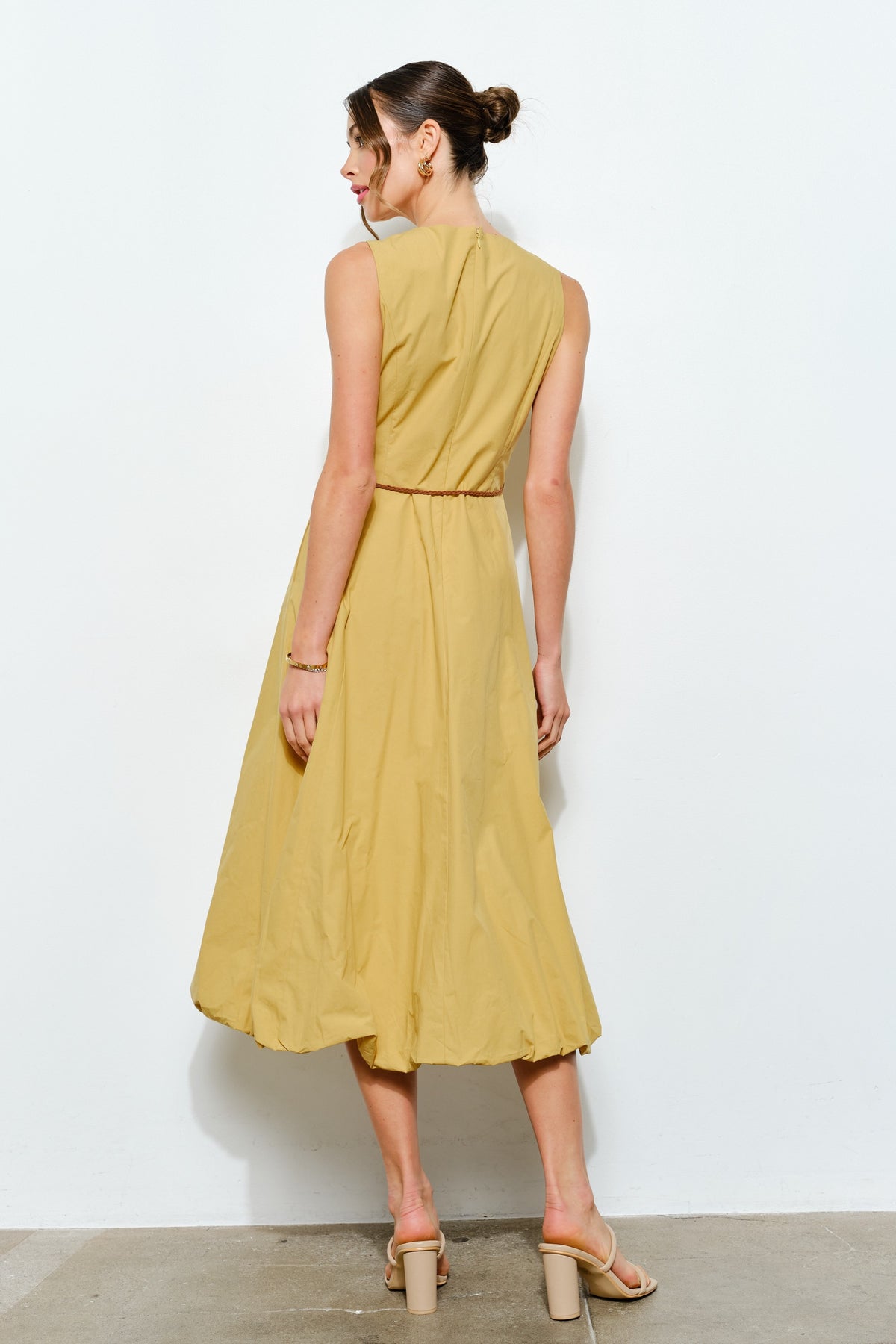 Ballon Hem Midi Belted Dress