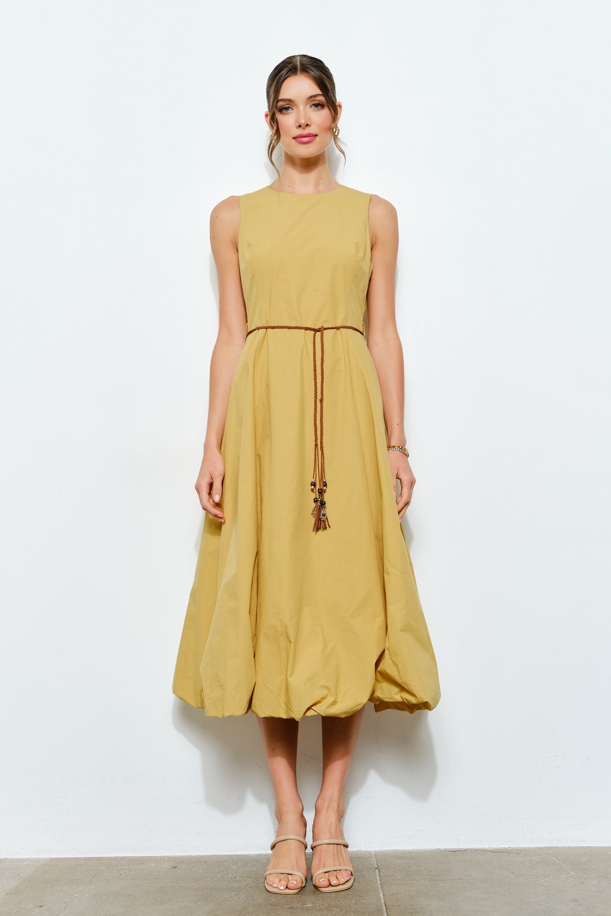 Ballon Hem Midi Belted Dress