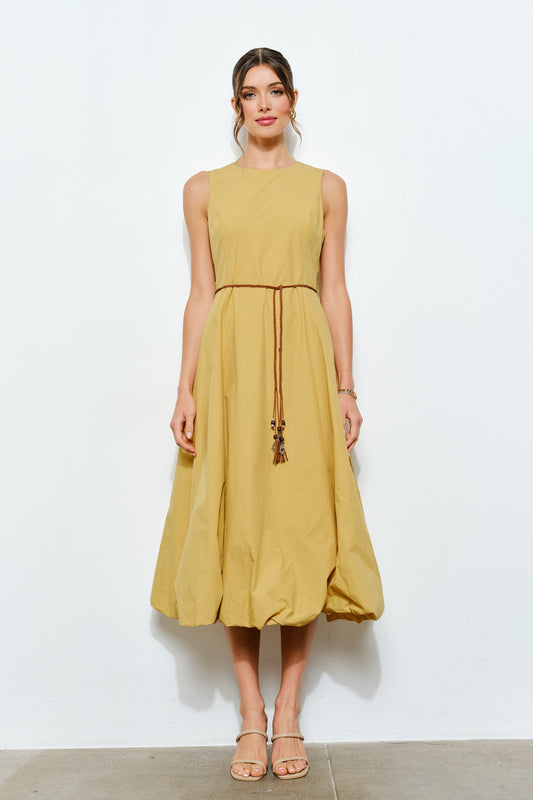 Ballon Hem Midi Belted Dress