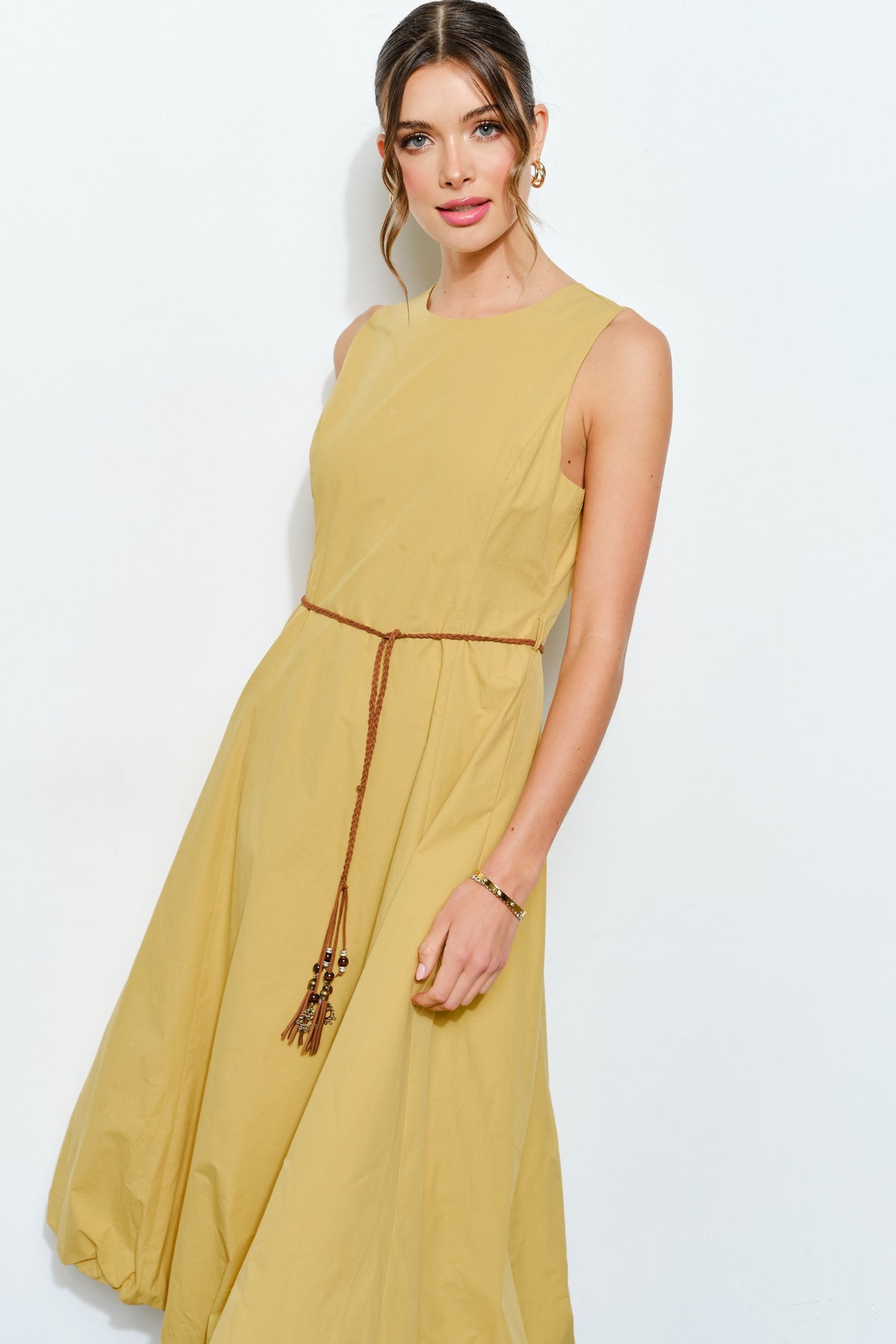 Ballon Hem Midi Belted Dress