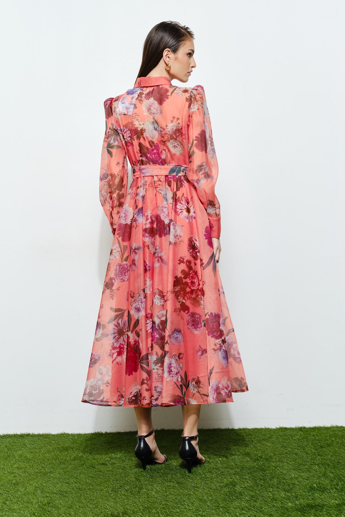 Floral Apricot Long Sleeve Midi Dress
