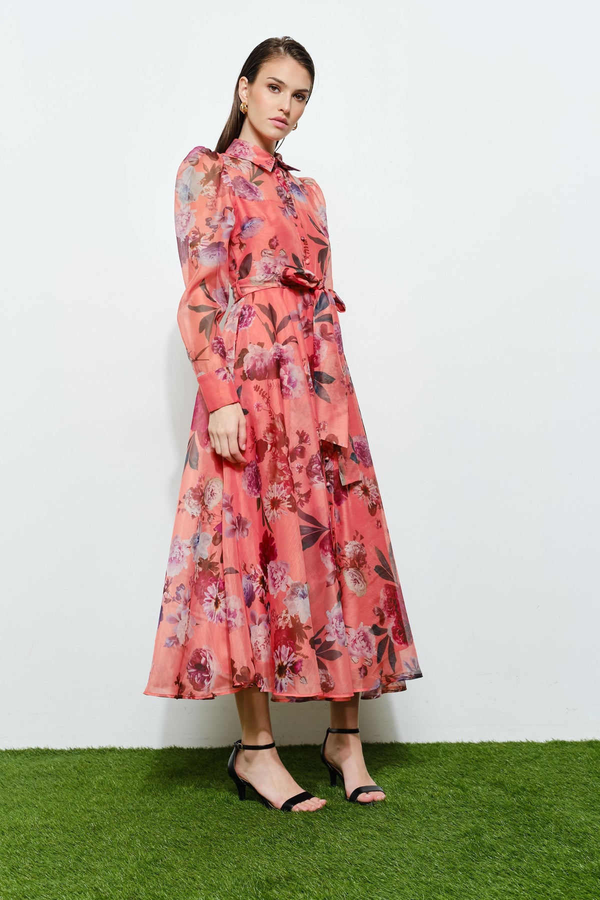 Floral Apricot Long Sleeve Midi Dress