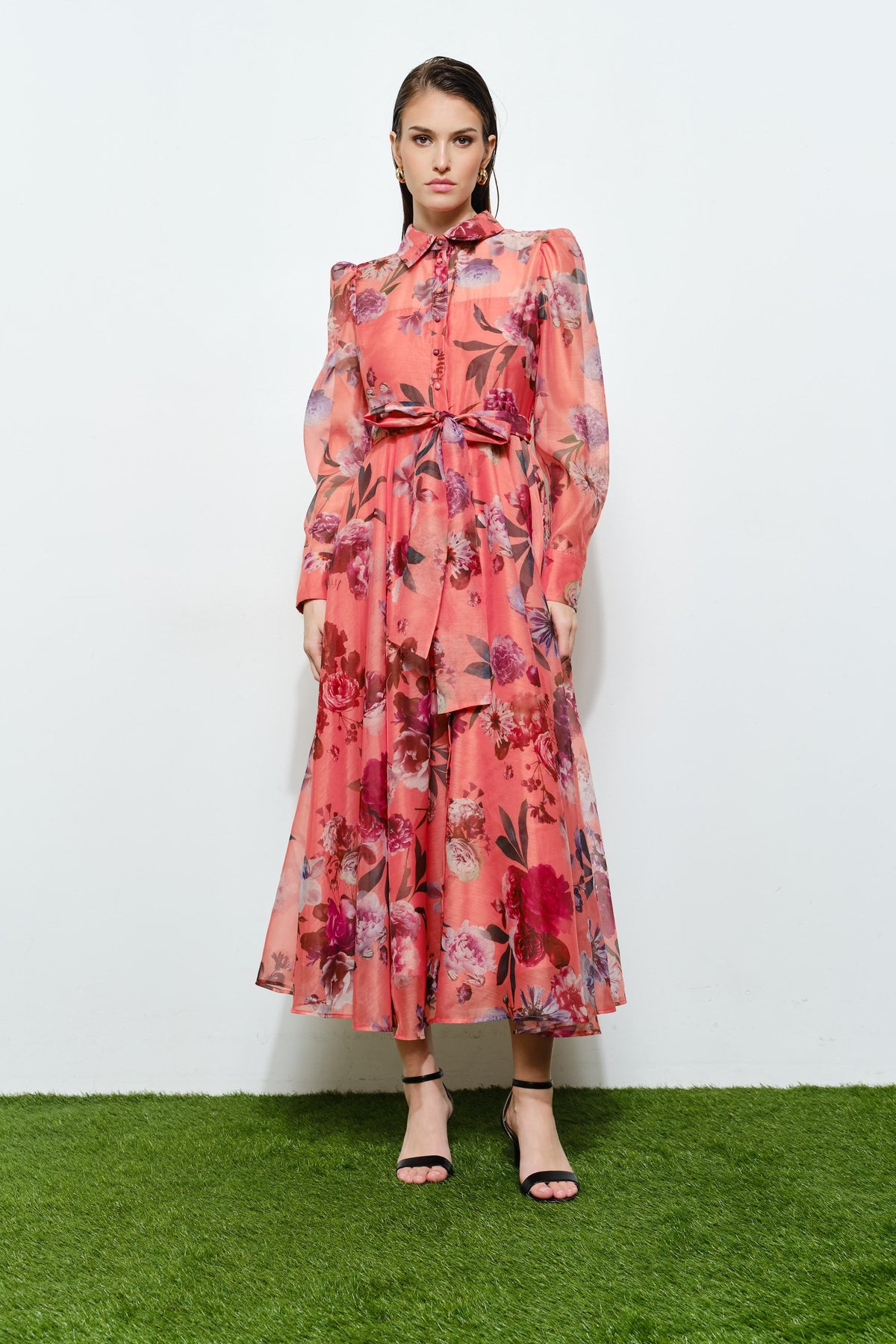 Floral Apricot Long Sleeve Midi Dress