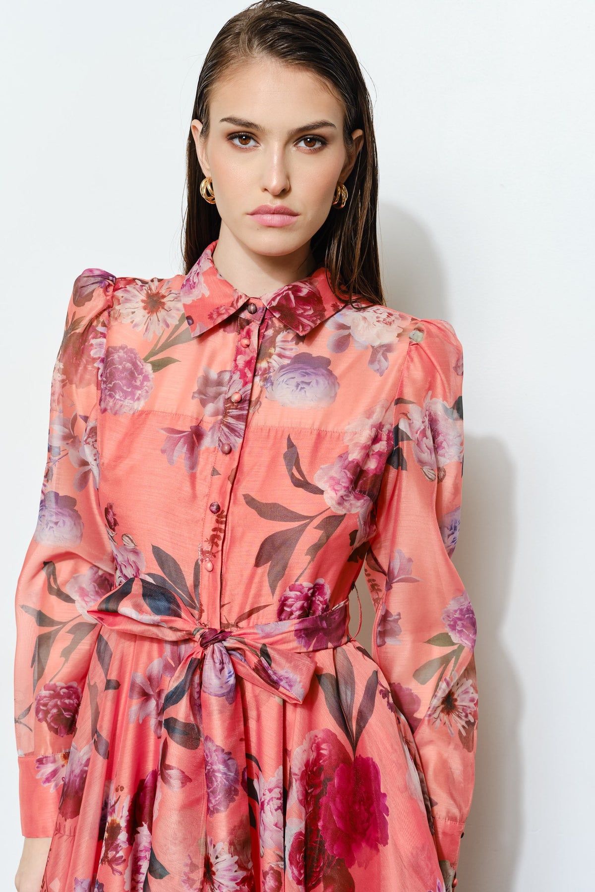 Floral Apricot Long Sleeve Midi Dress