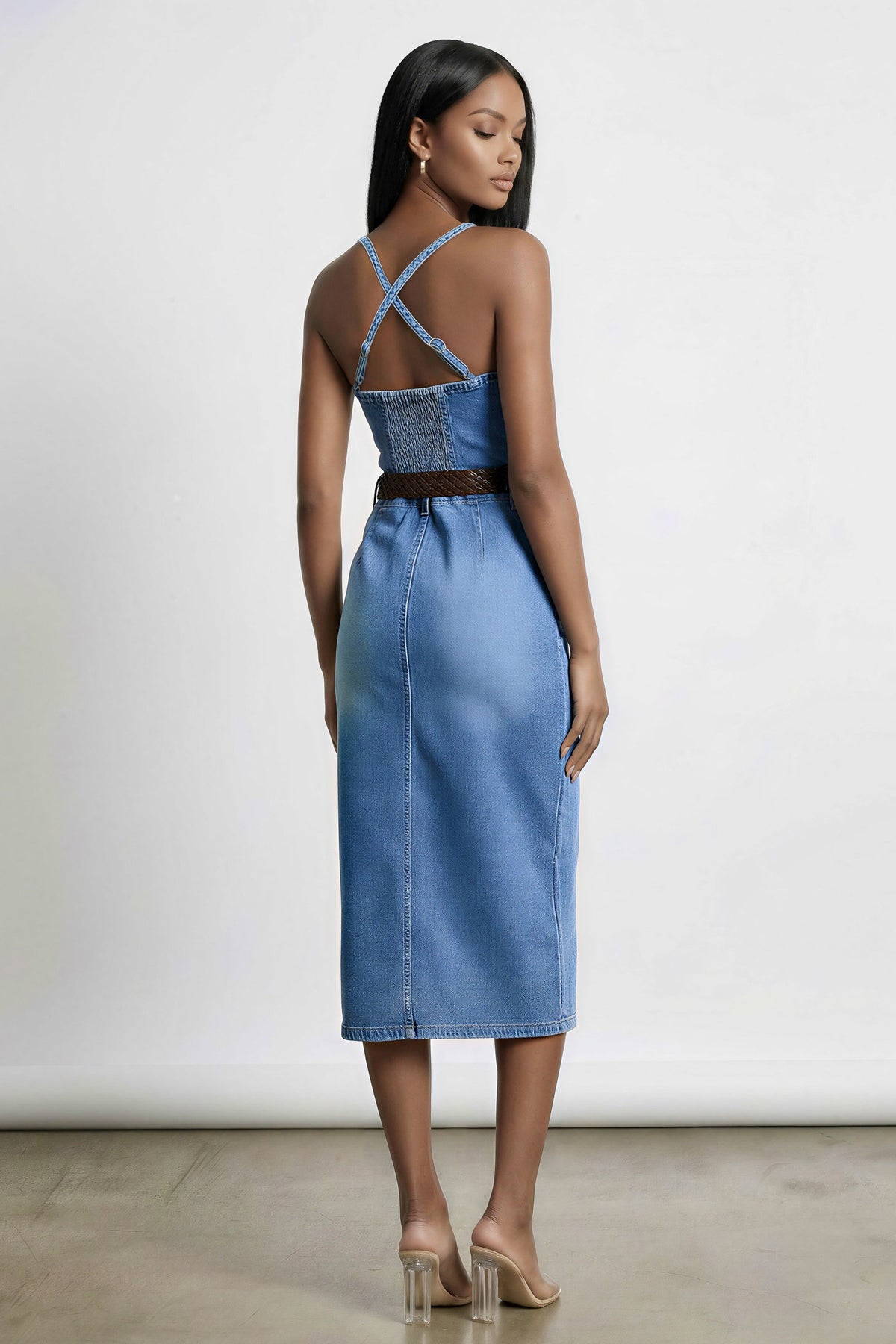 Criss Cross Top Denim Midi Dress