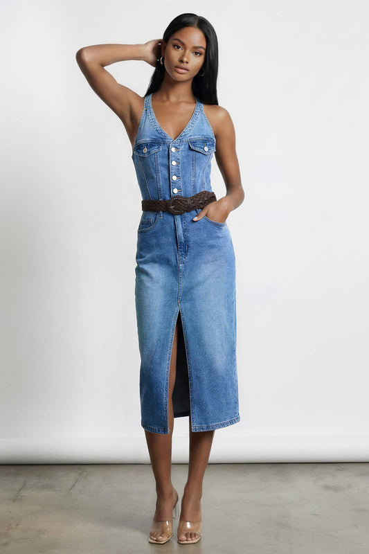 Criss Cross Top Denim Midi Dress