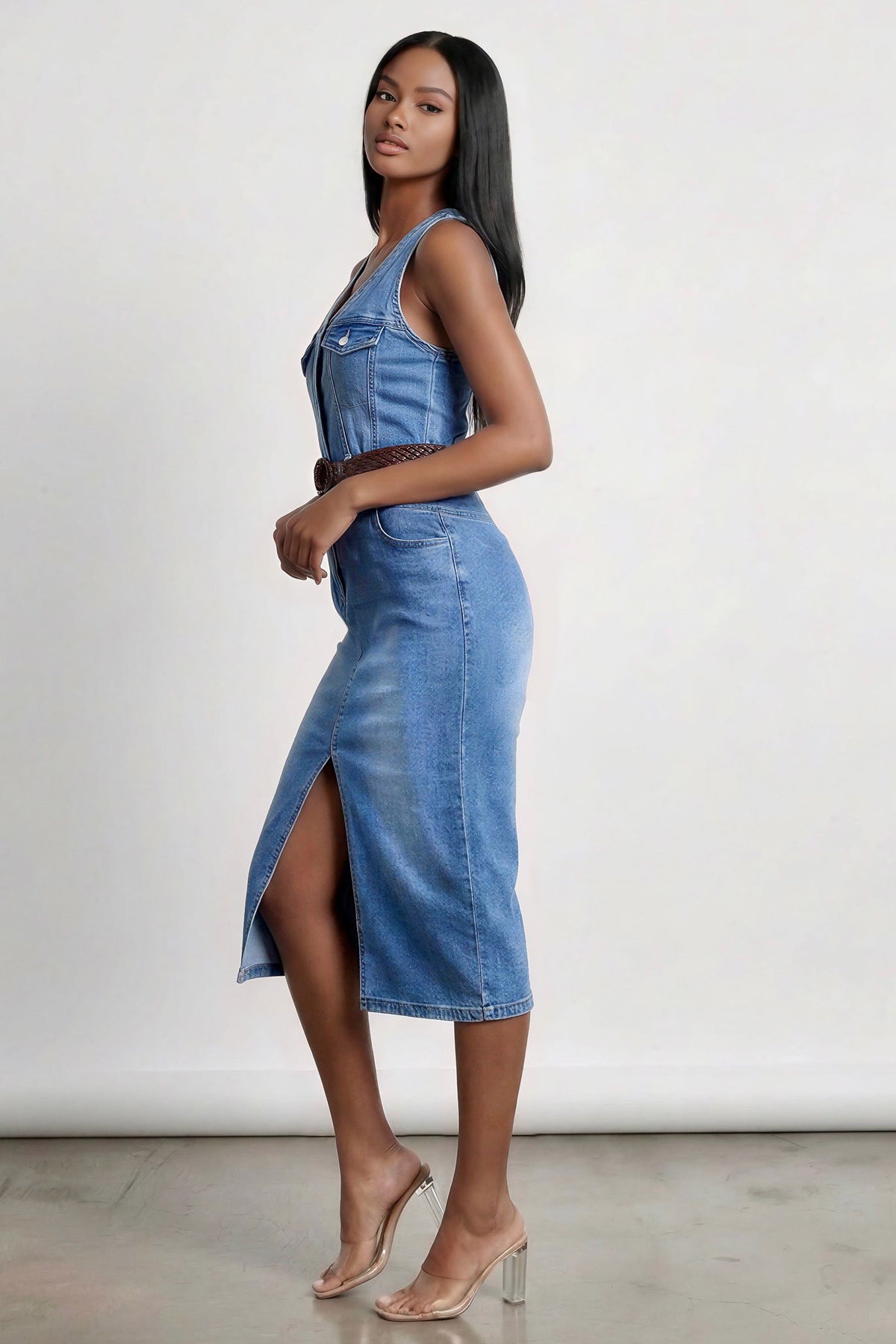 Criss Cross Top Denim Midi Dress
